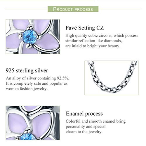 PAHALA 925 Sterling Silver Purple Enamel Daisy Flower with Crystals Safety Chain Charm Bead