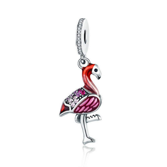 PAHALA 925 Strling Silver Red Flamingo Enamel with Crystals Pendant Charm Bead