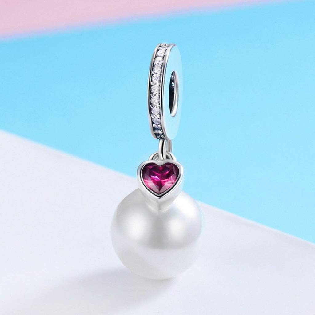 PAHALA 925 Strling Silver Pearl Heart Red Crystal Pendant Charm Bead