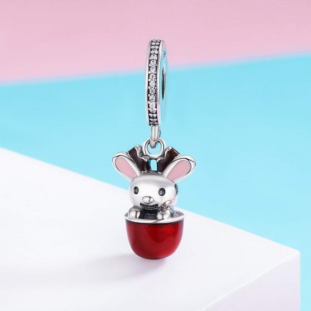 PAHALA 925 Strling Silver Enamel Fancy Rabbit Red Cup Charms