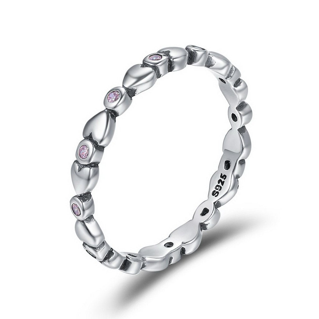 PAHALA 925 Sterling Silver Pink Heart with Crystals CZ Vintage Wedding Engagement Band Ring