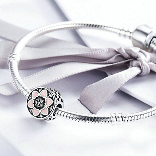PAHALA 925 Sterling Silver Pink Heart Enamel with Crystals Charms Fit Bracelets Necklace