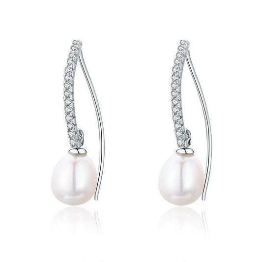 PAHALA 925 Sterling Silver Vintage Freshwater Pearl Hanging Crystals Drop Earrings