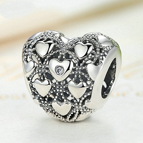 PAHALA 925 Strling Silver Love Heart with Crystals Charms Pendant Fit Bracelets Necklace