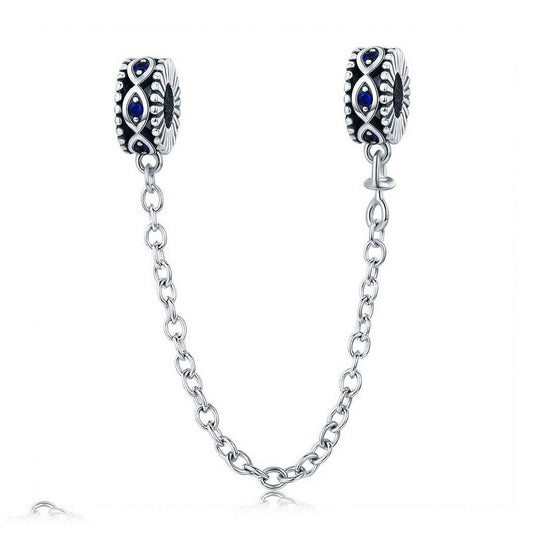PAHALA 925 Sterling Silver Guardian Blue Eyes with Crystals Safety Chain Charm Bead