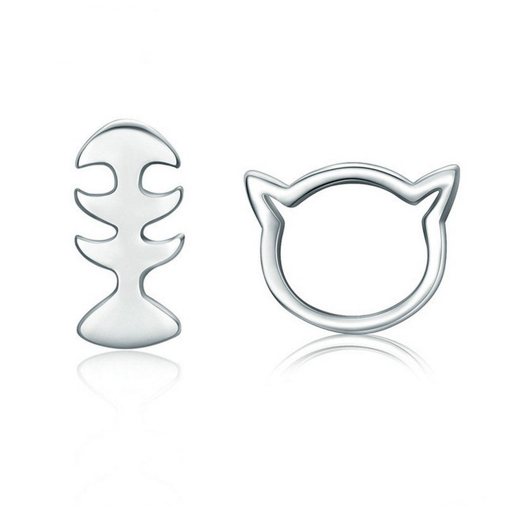 PAHALA 925 Sterling Silver Cute Cat With Fish Party Wedding Stud Earring