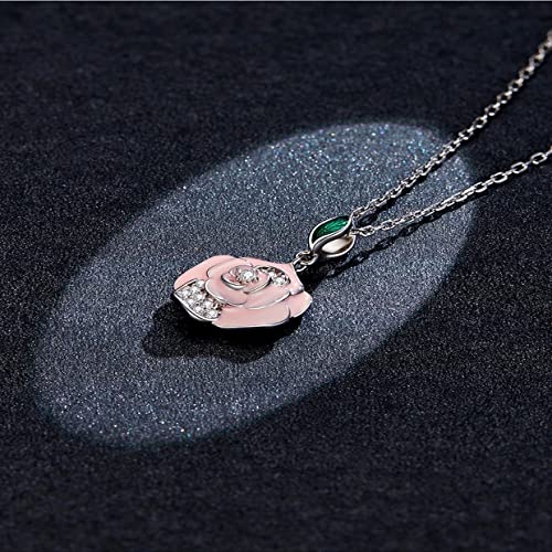 PAHALA 925 Sterling Silver Enamel Romantic Pink Flower Chain Necklace Pendant Wedding Necklace