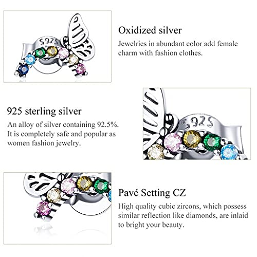 PAHALA 925 Sterling Silver Cute Rainbow Butterfly Coloful Crystals Stud Earrings