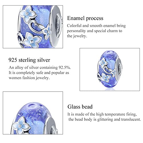 PAHALA 925 Strling Silver Blue Glass Secret Garden Flower Hydrangeas Charm Bead