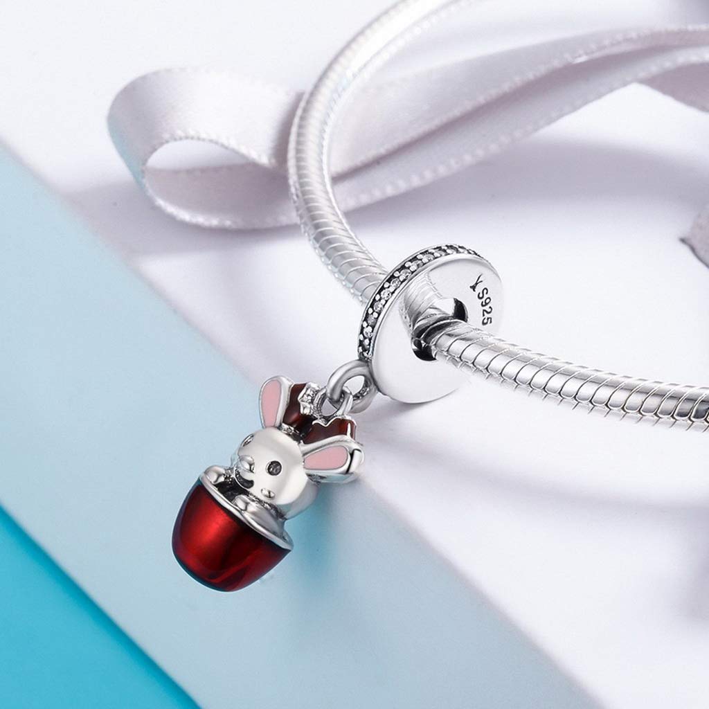 PAHALA 925 Strling Silver Enamel Fancy Rabbit Red Cup Charms