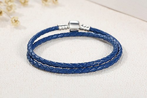 PAHALA 925 Sterling Silver Long 4 Colors Braided Leather Chain Snake Clasp (38, Blue)