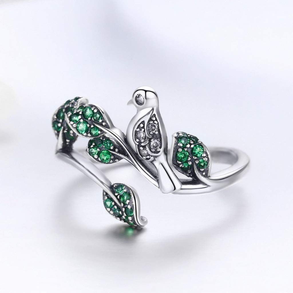 PAHALA 925 Strling Silver Tree Leaves with Bird Crystals Finger Weeding Party Ring