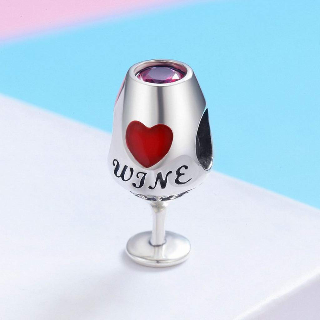 PAHALA 925 Strling Silver Red Wine Cup Heart Enamel Charms Charm