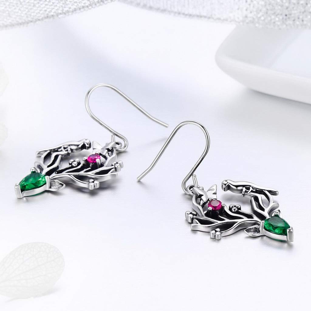 PAHALA 925 Sterling Silver Elk Legend Crystal Tree Leaves Earrings