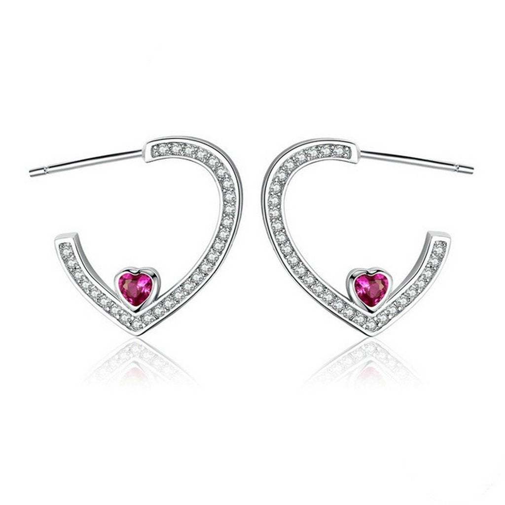 PAHALA 925 Sterling Silver Round With Pink Crystals Heart Party Wedding Stud Earring