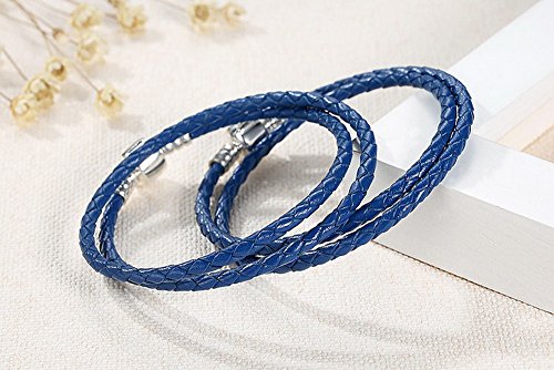 PAHALA 925 Sterling Silver Long 4 Colors Braided Leather Chain Snake Clasp (38, Blue)