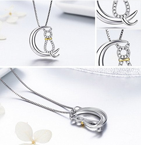 PAHALA 925 Sterling Silver Moon with Cute Cat Crystals Clear CZ Pendant Necklace