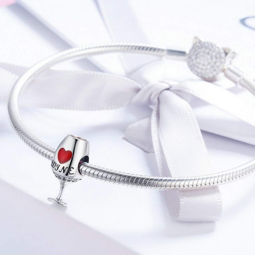 PAHALA 925 Strling Silver Red Wine Cup Heart Enamel Charms Charm