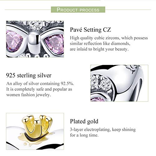 PAHALA 925 Strling Silver Princess Crown Pink Heart Charms Charm