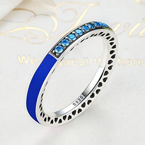 PAHALA 925 Sterling Silver 6 Colors Enamel Hearts with Crystals Cubic Zirconia Pave Wedding Engagement Band Ring (Blue, 8)