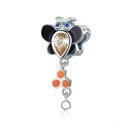 PAHALA 925 Strling Silver Enamel Insect Trendy Bee with Crystal Pendant Charms Beads