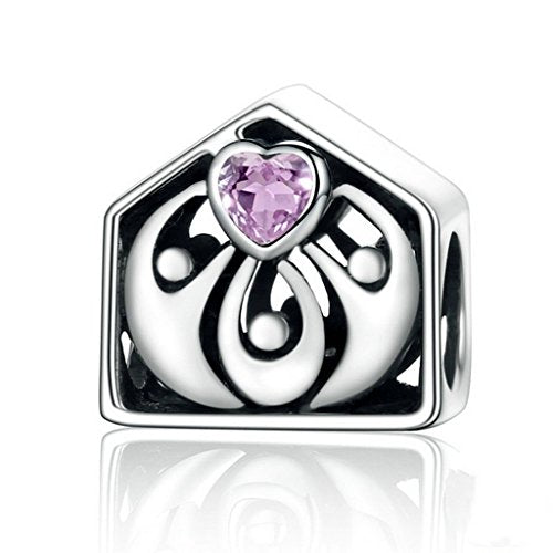 PAHALA 925 Sterling Silver I Love My Home with Pink Crystal Charms Fit Bracelets Necklace