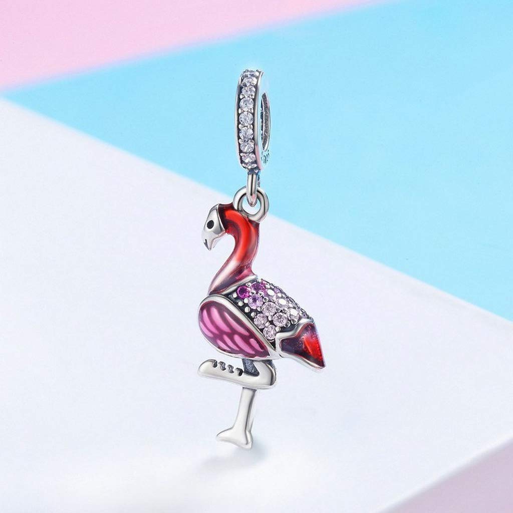 PAHALA 925 Strling Silver Red Flamingo Enamel with Crystals Pendant Charm Bead