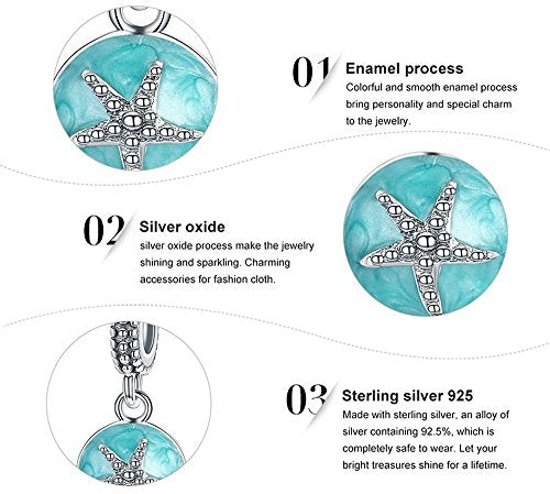 PAHALA 925 Strling Silver Starfish See with Green Blue Enamel Charms Fit Bracelets Necklace