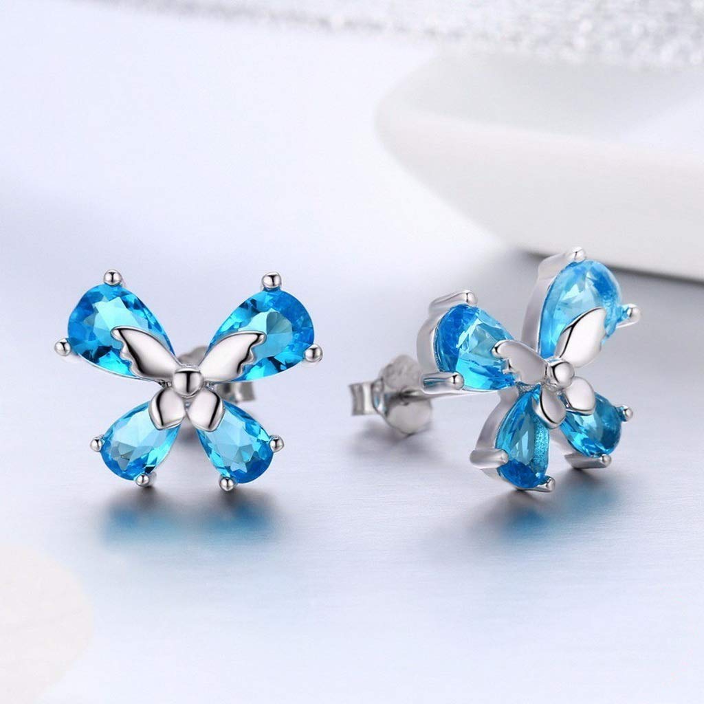PAHALA 925 Sterling Silver Cute Dancing Butterfly Light Blue Crystals Earrings