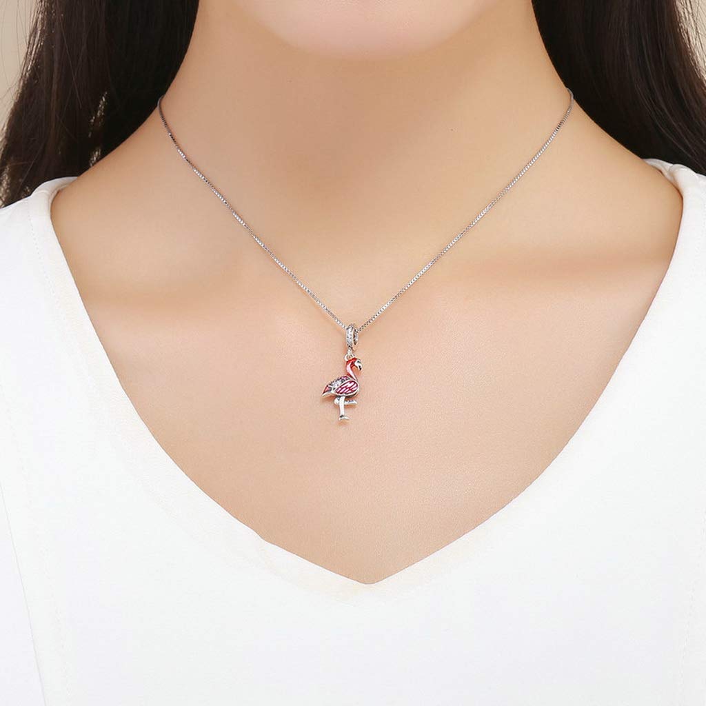 PAHALA 925 Strling Silver Red Flamingo Enamel with Crystals Pendant Charm Bead