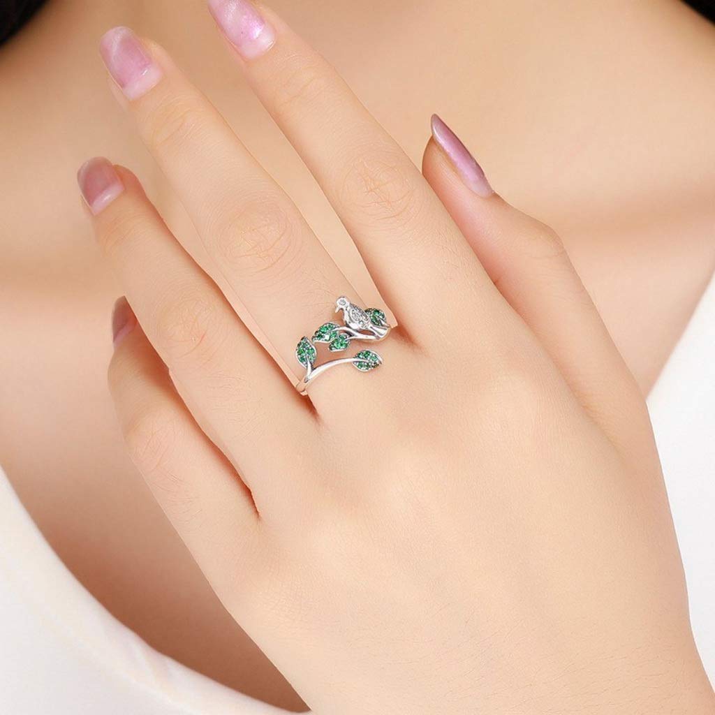 PAHALA 925 Strling Silver Tree Leaves with Bird Crystals Finger Weeding Party Ring