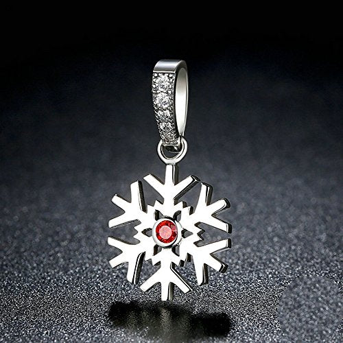 PAHALA 925 Strling Silver Snowfalke with Red Crystals Charms Pendant Fit Bracelets Necklace