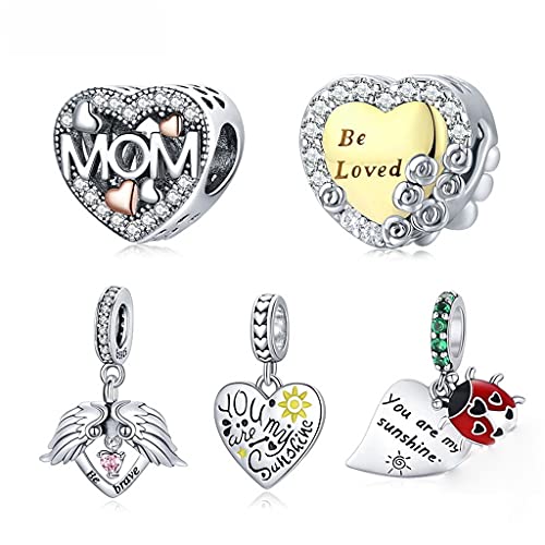 PAHALA 925 Sterling Silver Golden Heart Rose Love Wing Pink Crystal My Sunshine Mom Charm Bead