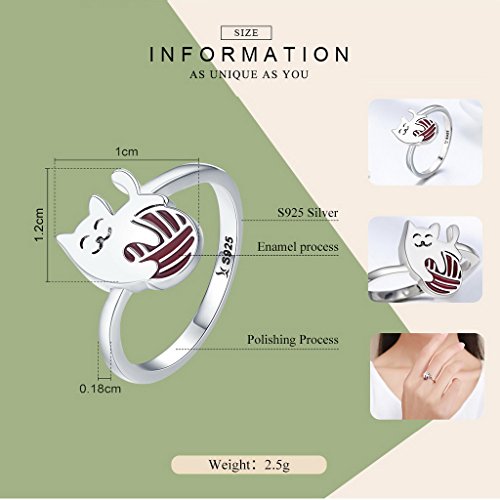 PAHALA 925 Sterling Silver Cat with Enamel Red Ball Wedding Engagement Band Ring