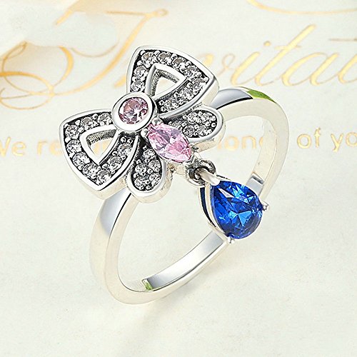 PAHALA 925 Sterling Silver Pink Blue Crystals Bow-Knot Cubic Zirconia Pave Wedding Engagement Band Ring