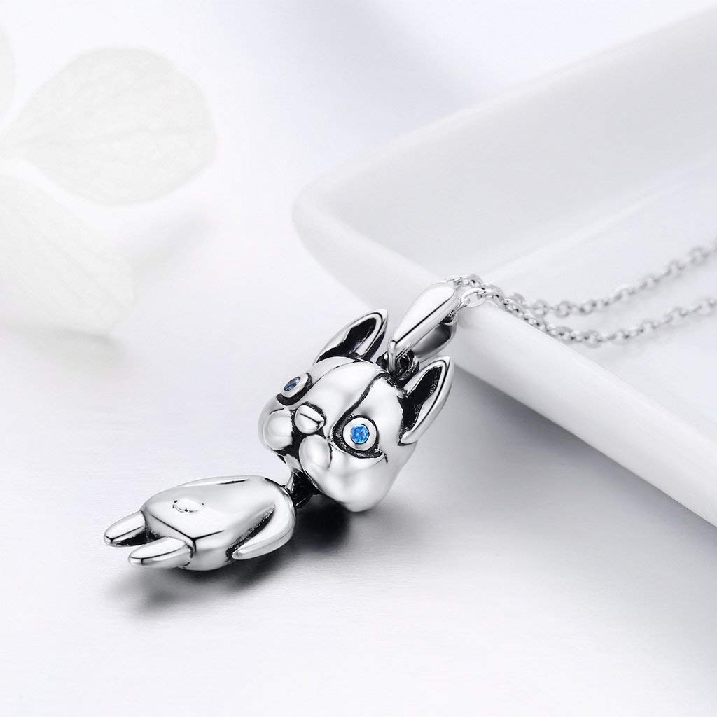 PAHALA 925 Sterling Silver Silver French Bulldog Doggy with Crystals Clear CZ Pendant Necklace