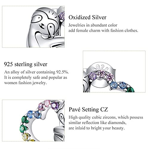 PAHALA 925 Sterling Silver Rainbow Color Heart With Crystals Sloth Stud Earrings