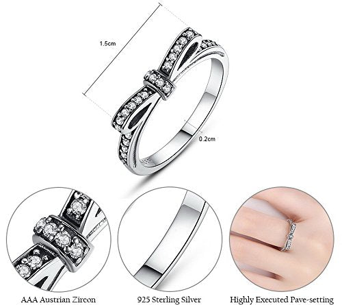 PAHALA 925 Sterling Silver Bow-Knot Cubic Zirconia Pave Wedding Engagement Band Ring
