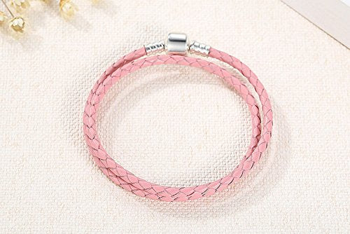 PAHALA 925 Sterling Silver Long 4 Colors Braided Leather Chain Snake Clasp (36, Pink)