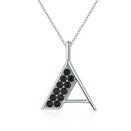 PAHALA 925 Sterling Silver Black Cystals Letter A Clear CZ Pendant Necklace