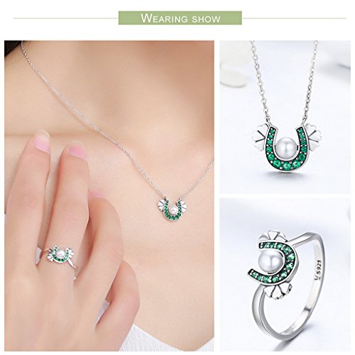 PAHALA 925 Sterling Silver Horseshoe with Green Crystals Pendant Necklace Ring Jewelry Set