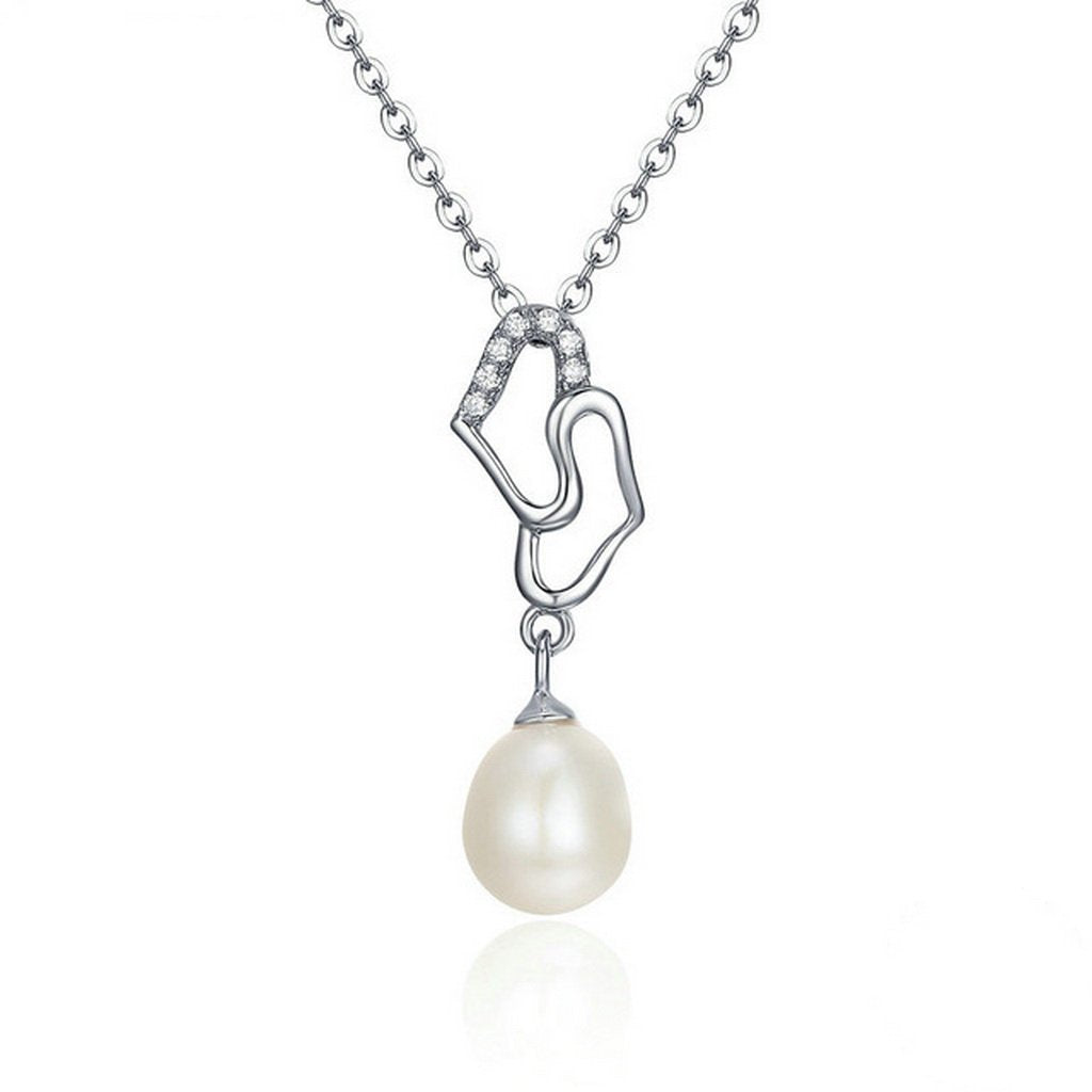 PAHALA 925 Sterling Silver Double Hearts with Crystals Pearl Pendant Necklace