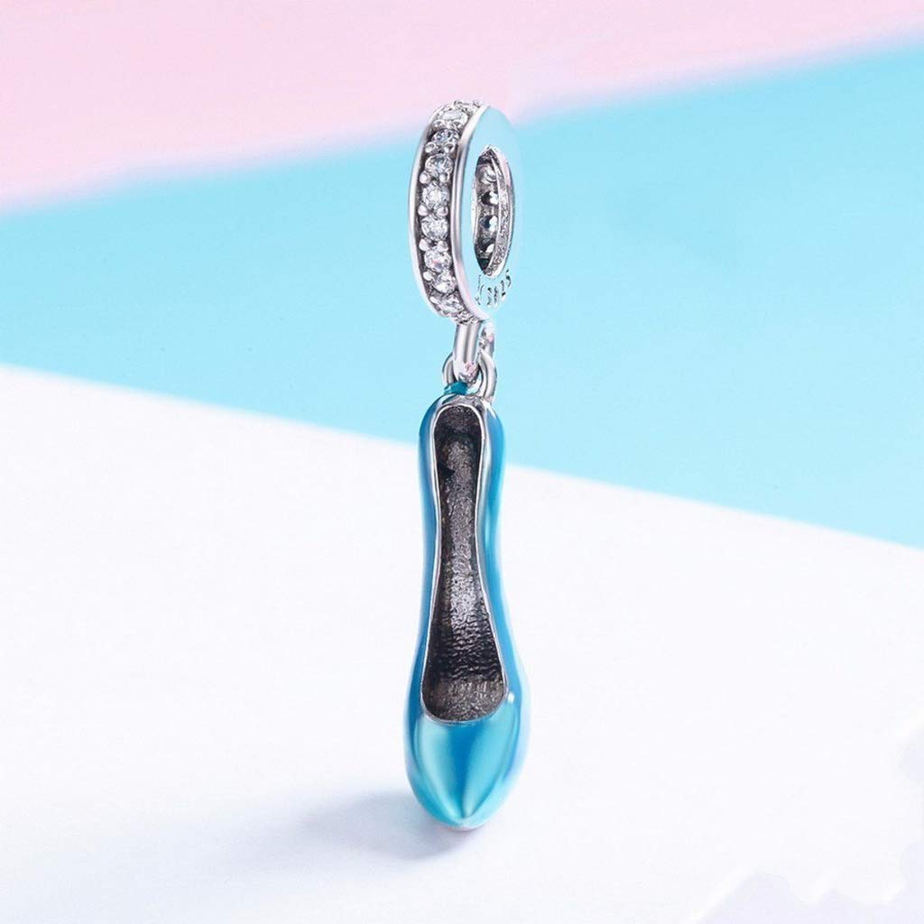 PAHALA 925 Strling Silver High Heels Crystal Shoe Blue Enamel Charm