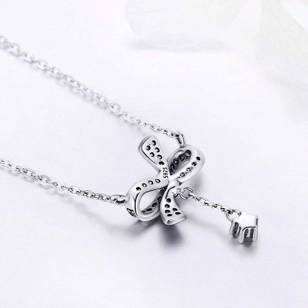 PAHALA 925 Sterling Silver Sweet Bowknot with Crystals Clear CZ Pendant Necklace