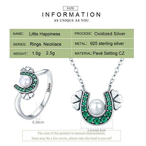 PAHALA 925 Sterling Silver Horseshoe with Green Crystals Pendant Necklace Ring Jewelry Set