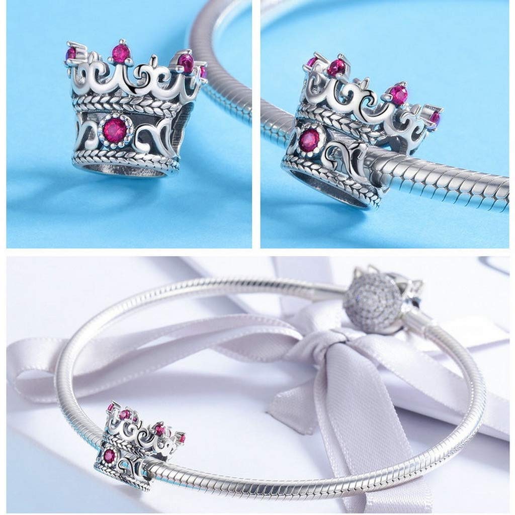 PAHALA 925 Strling Silver Pink Crystals Queen Crown Charm Bead