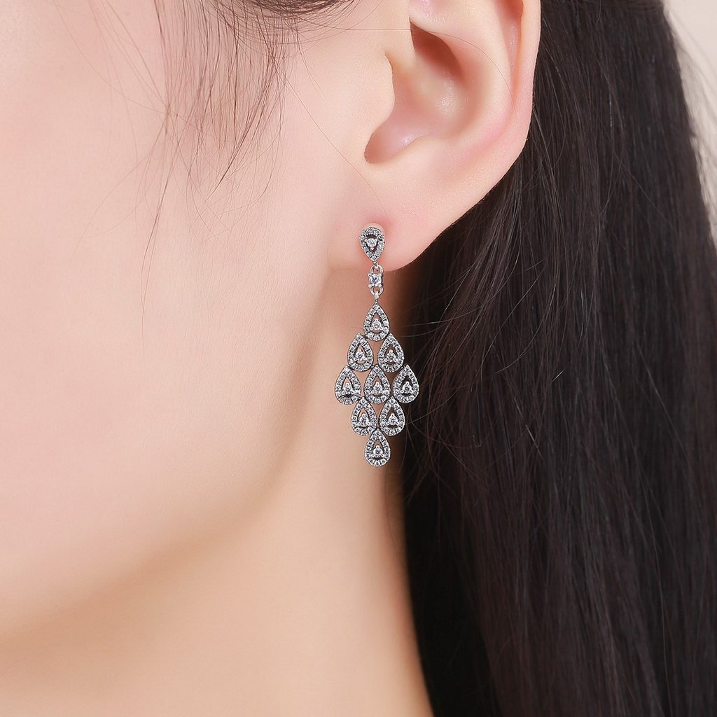 PAHALA 925 Sterling Silver Cascading Glamour With Crystals Long Drop Earrings