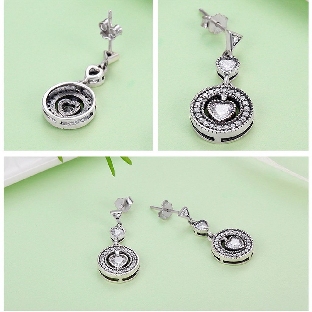 PAHALA 925 Sterling Silver Classical Round With Heart Crystals Party Wedding Long Drop Earrings