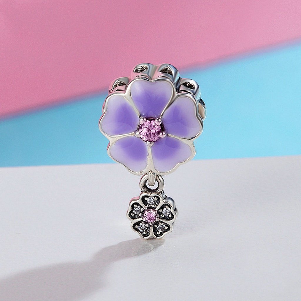 PAHALA 925 Sterling Silver Light Pruple Enamel Blooming Crystals Pendant Charm Bead