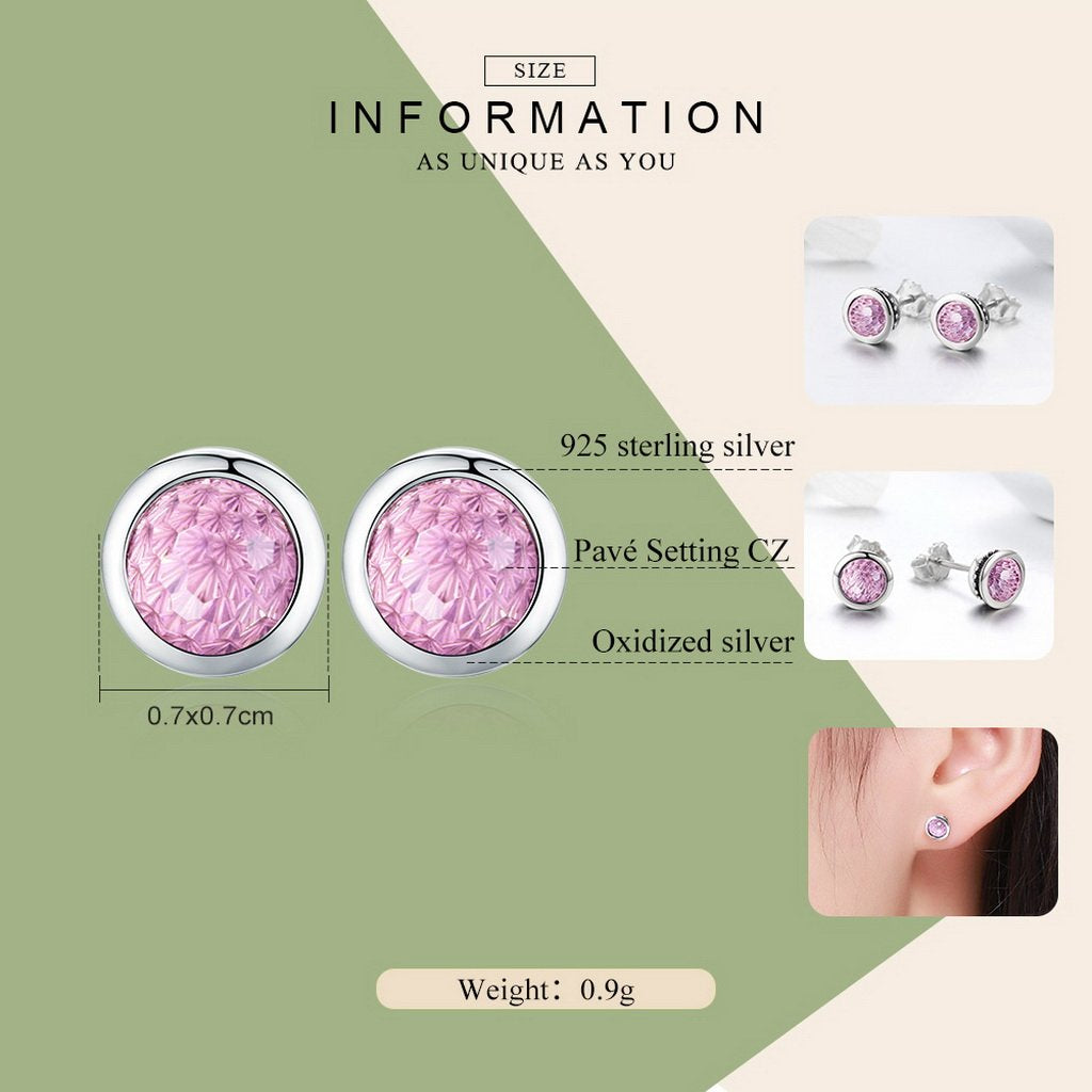 PAHALA 925 Sterling Silver Round Pink Sparkling With Pink Crystal Stud Earrings
